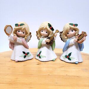 Homco Bisque Christmas Set 3 Musical Angels Music Tambourine Harp Lyre 5612